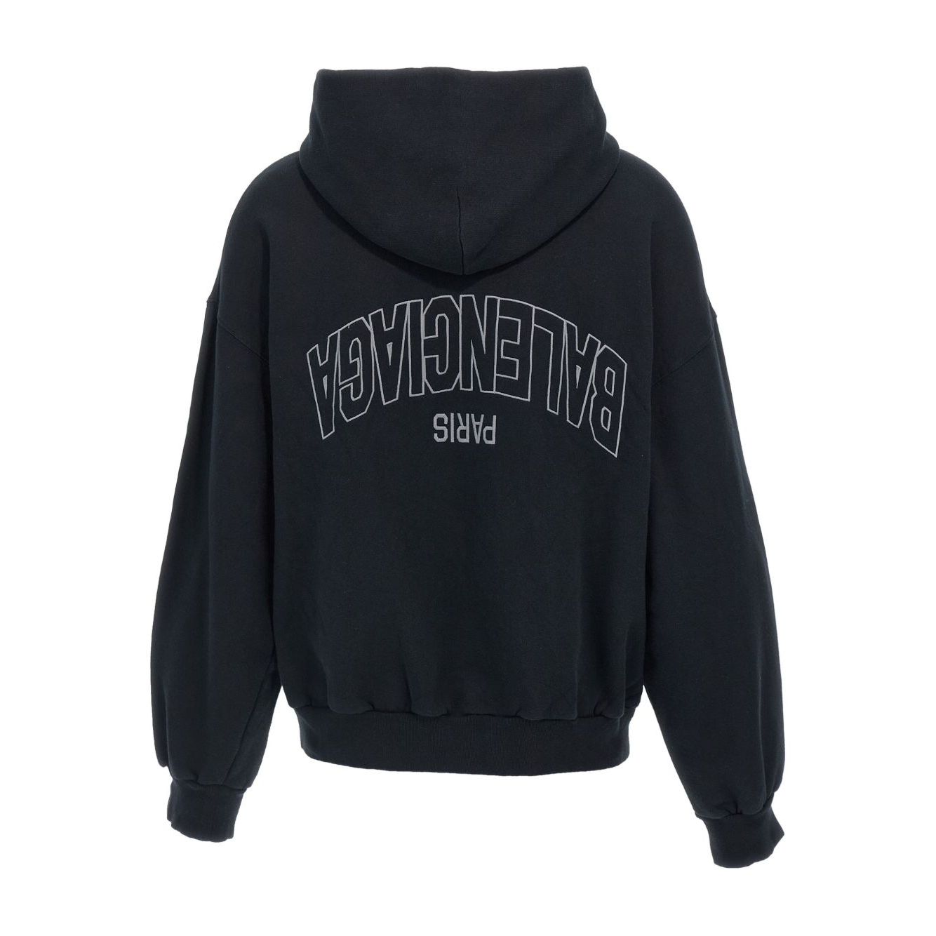 Balenciaga Sweaters Black with back embroidery, dropped shoulders, front zip closure, long sleeves, and cotton hoodie design.