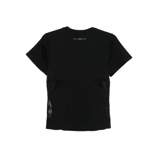 Emporio Armani T-shirts and Polos Black with butterfly embellishment, round neck, quilted effect, and logo on a cotton fabric.