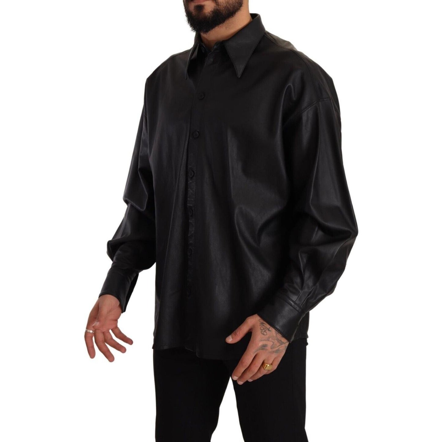 Dolce & Gabbana Black Leather Button Down Men Collared Jacket