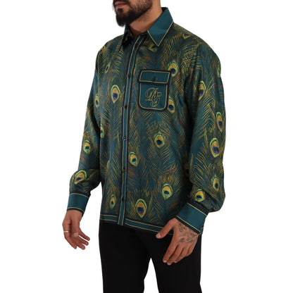 Dolce & Gabbana Peacock Feather Print Silk Pajama Mens Shirt