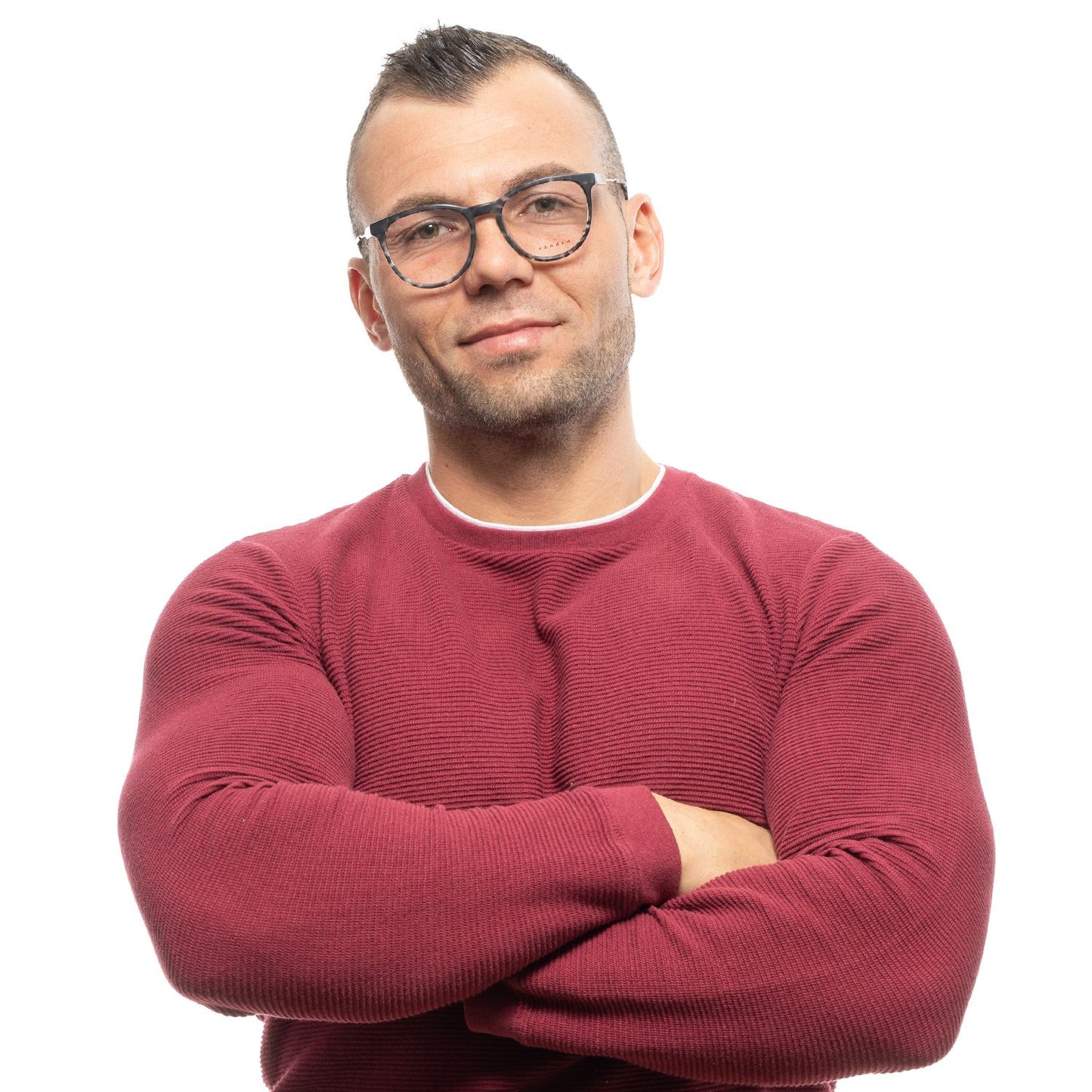 Man wearing Sandro Gray Plastic Glasses (Frames) with a red sweater, standing confidently.