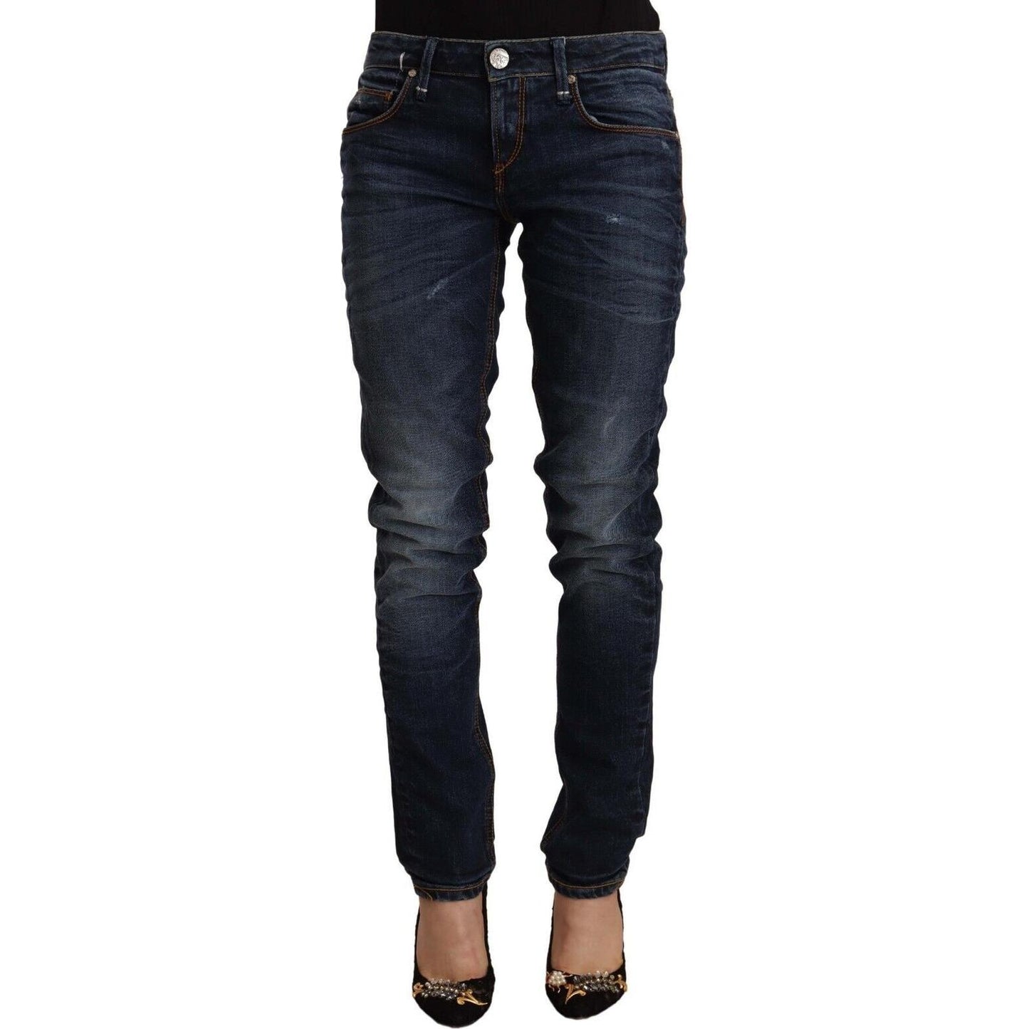 Acht Blue Washed Cotton Mid Waist Skinny Denim Jeans