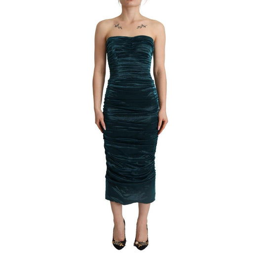 Dolce & Gabbana Turquoise Bustier Bodice Draped Midi Dress