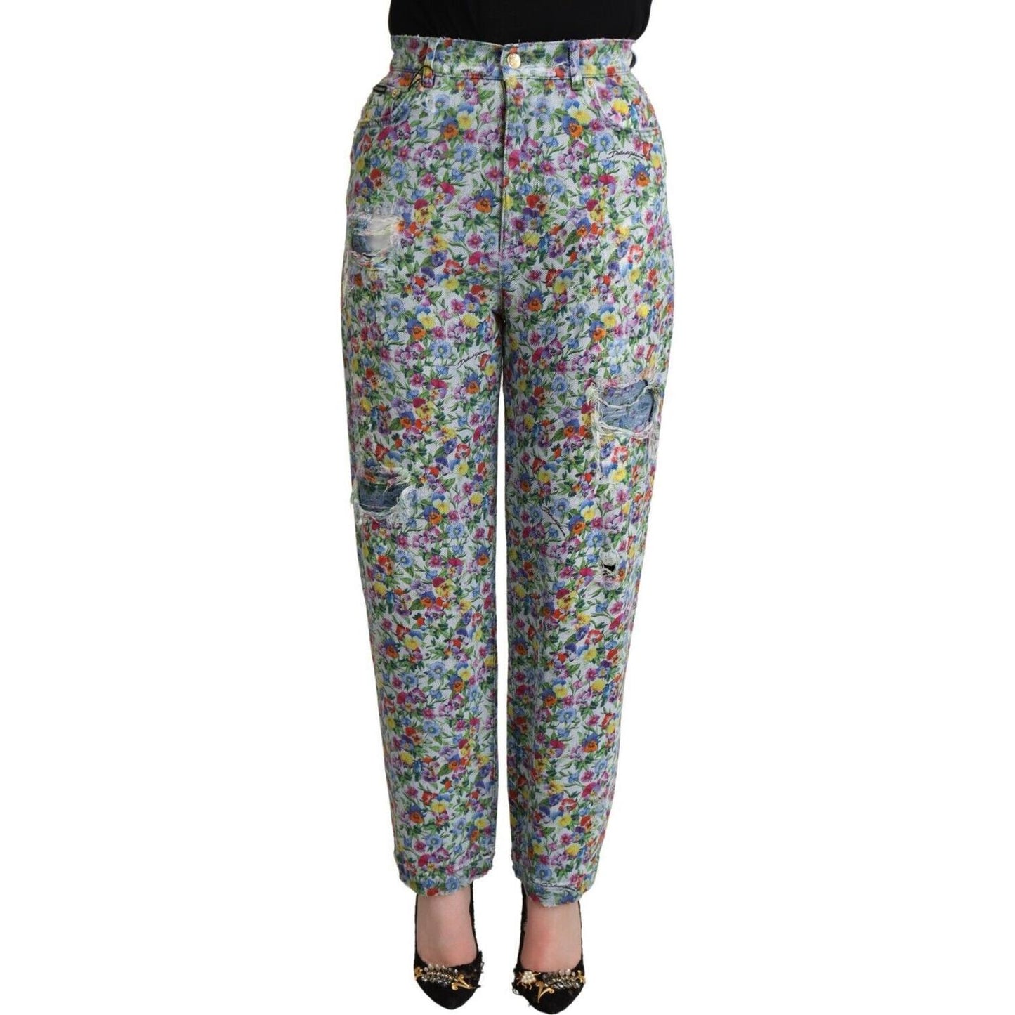 Dolce & Gabbana Blue Floral Print High Waist Denim Tapered Jeans