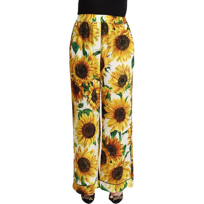 Dolce & Gabbana White Sunflower Print Mid Waist Wide Leg Pants