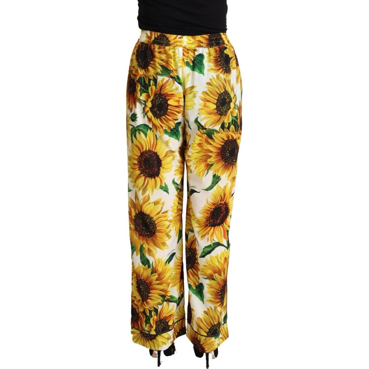 Dolce & Gabbana White Sunflower Print Mid Waist Wide Leg Pants