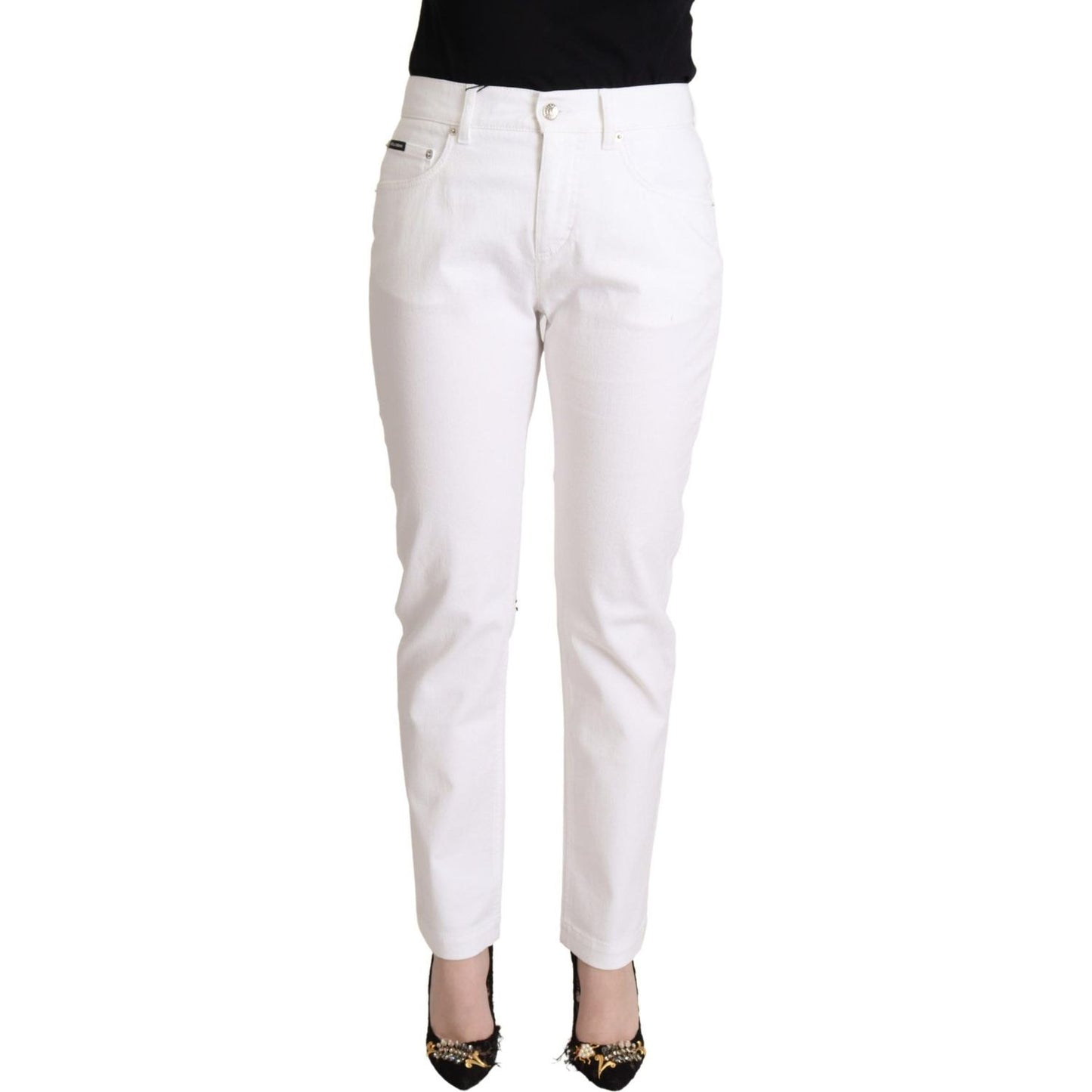 Dolce & Gabbana White Cotton Mid Waist Denim Tapered Jeans