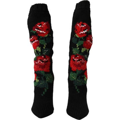Dolce & Gabbana Black Stretch Socks Red Roses Booties Shoes