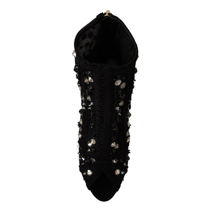 Dolce & Gabbana Black Crystals Heels Zipper Short Boots Shoes