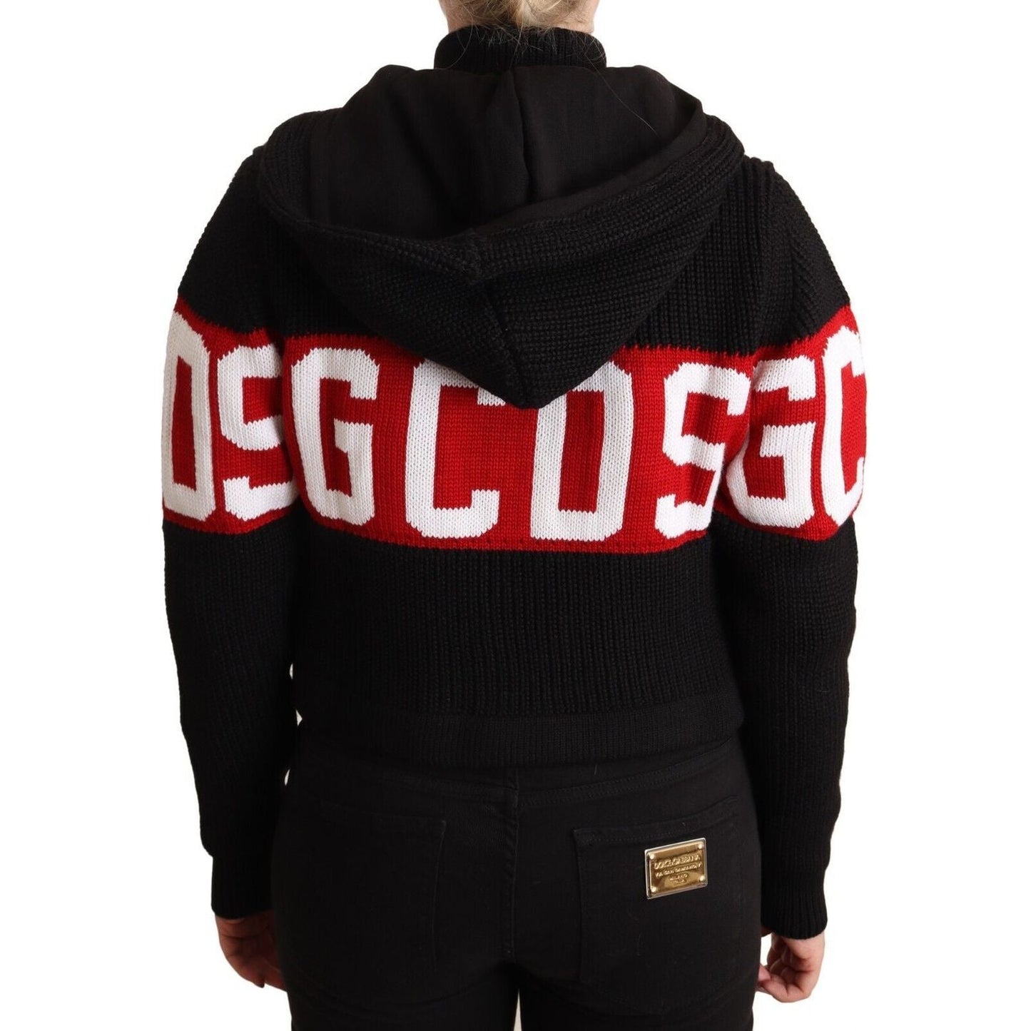 GCDS Black Cashmere Hooded Button Down Logo Cardigan Jacket GCDS