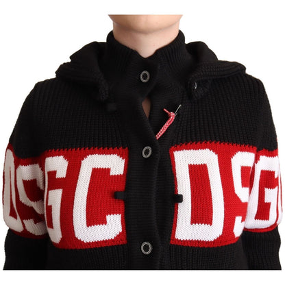 GCDS Black Cashmere Hooded Button Down Logo Cardigan Jacket GCDS