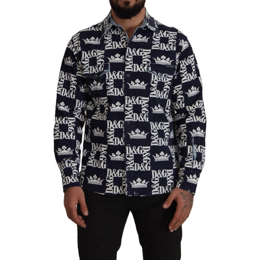Dolce & Gabbana Blue Denim Stretch DG Crown Logo Casual Shirt