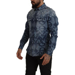 Dolce & Gabbana Blue Denim Stretch DG Logo Casual Mens Slim Shirt
