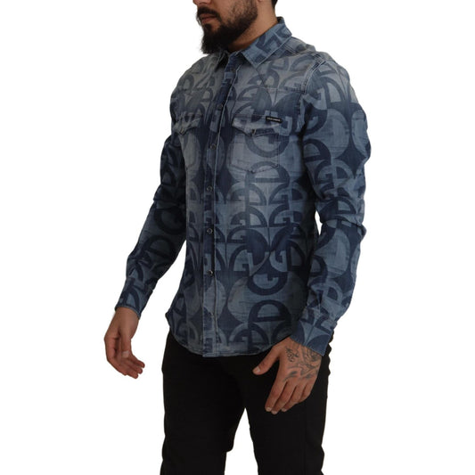 Dolce & Gabbana Blue Denim Stretch DG Logo Casual Mens Slim Shirt