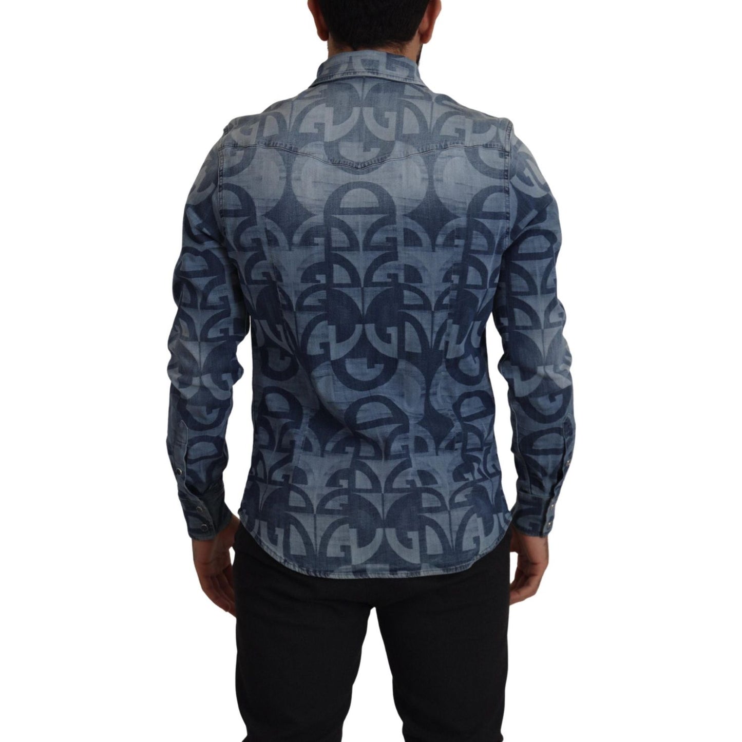 Dolce & Gabbana Blue Denim Stretch DG Logo Casual Mens Slim Shirt