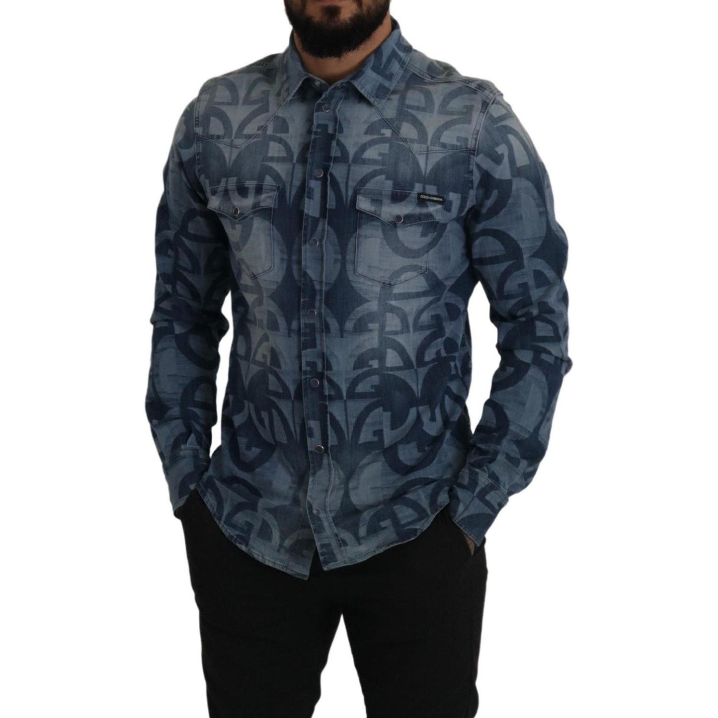 Dolce & Gabbana Blue Denim Stretch DG Logo Casual Mens Slim Shirt