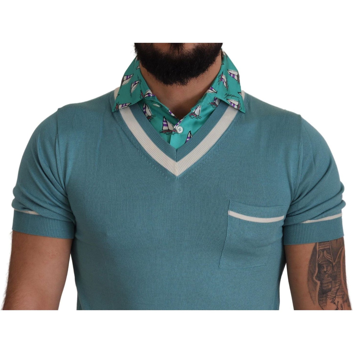 Dolce & Gabbana Blue Silk Polo Top Mens V-neck T-shirt