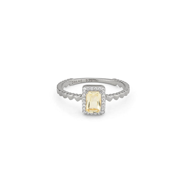 24KAE JEWELS JEWELRY Mod. 12472S/58 elegant silver ring with yellow gemstone and diamond accents.