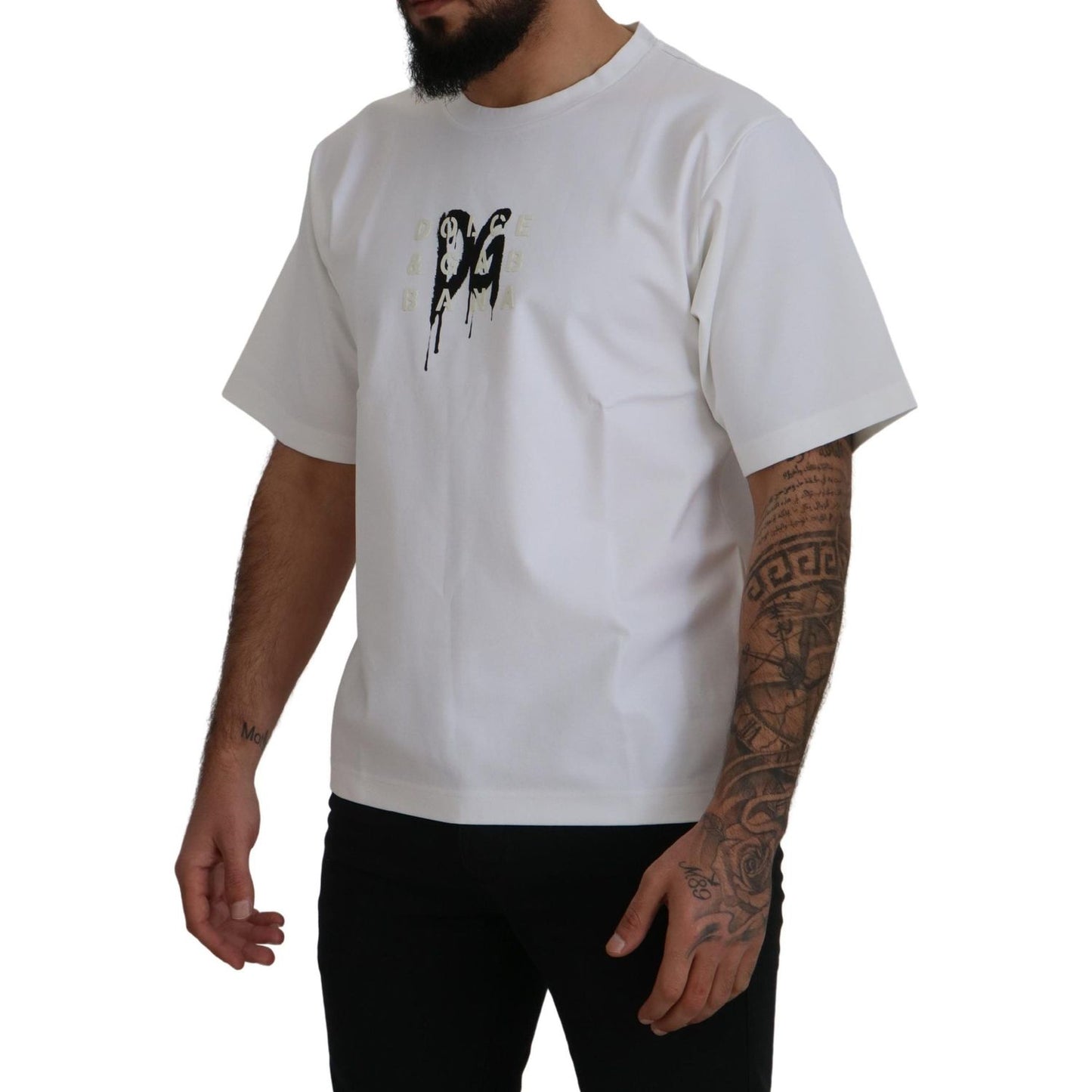 Dolce & Gabbana White Logo Print Cotton Crewneck T-shirt