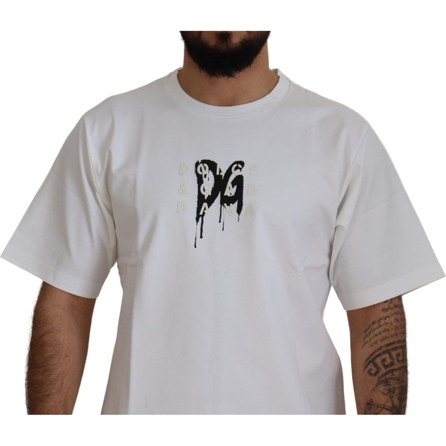 Dolce & Gabbana White Logo Print Cotton Crewneck T-shirt