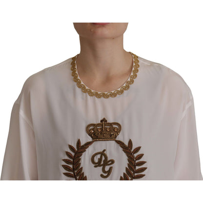 Dolce & Gabbana White Silk Gold DG Crown Crystal Blouse Top
