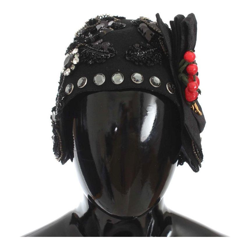 Dolce & Gabbana Black Crystal Gold Cherries Brooch Hat Cap