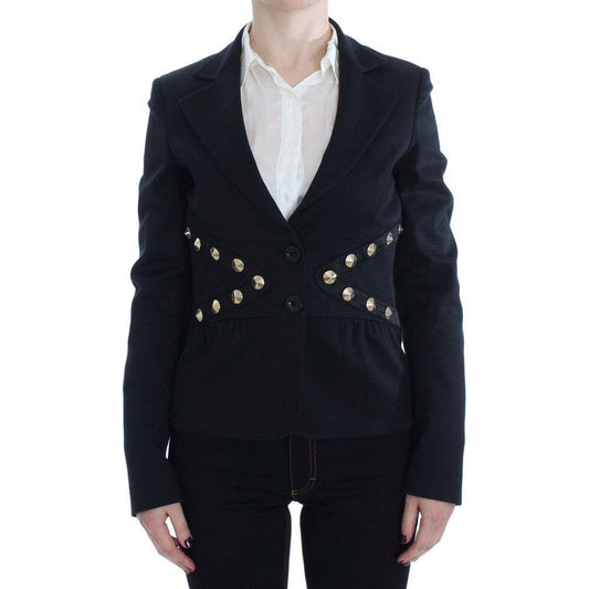 Exte Black Cotton Stretch Gold Studded Blazer Jacket