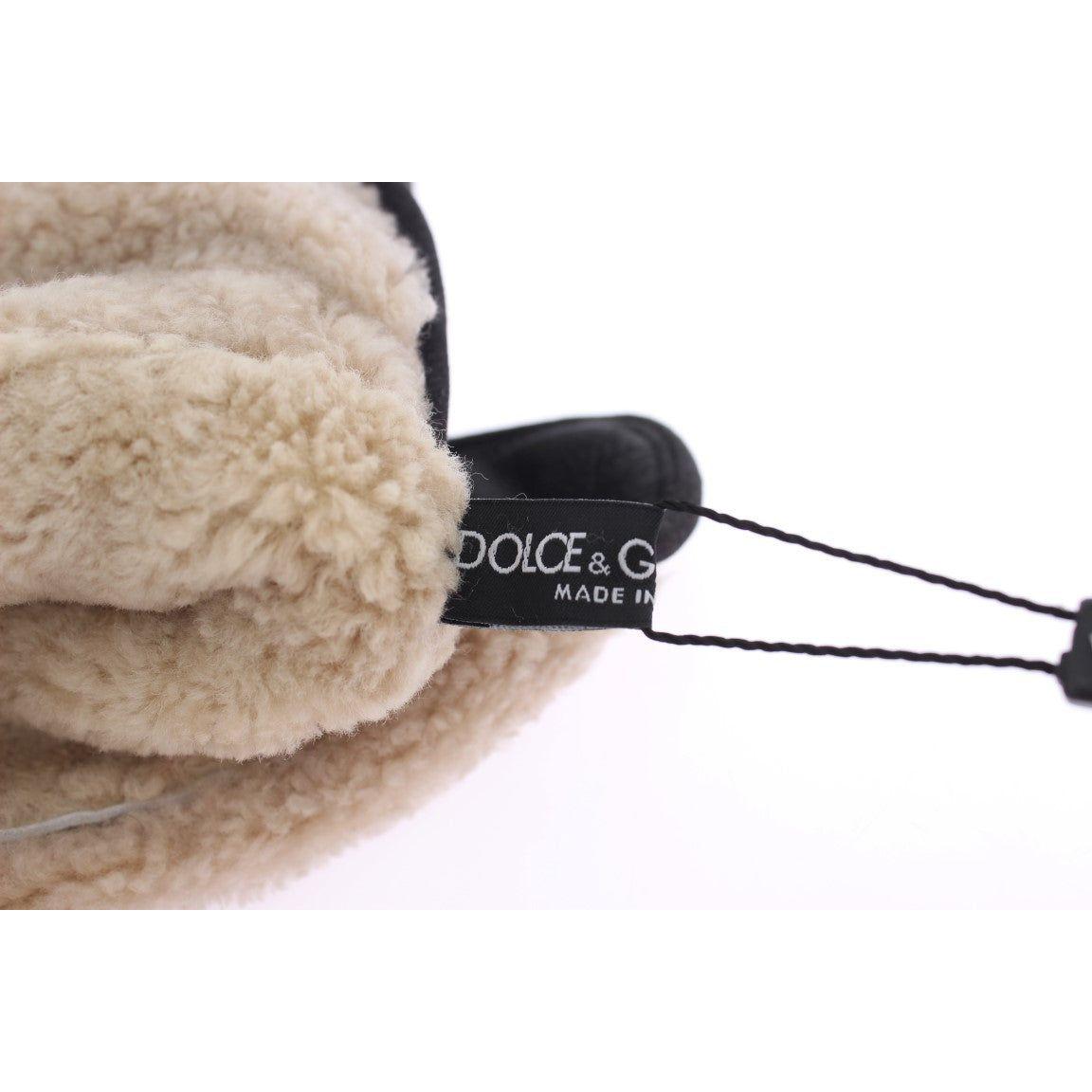 Dolce & Gabbana Gray Wool Shearling Studded Green Leopard Gloves