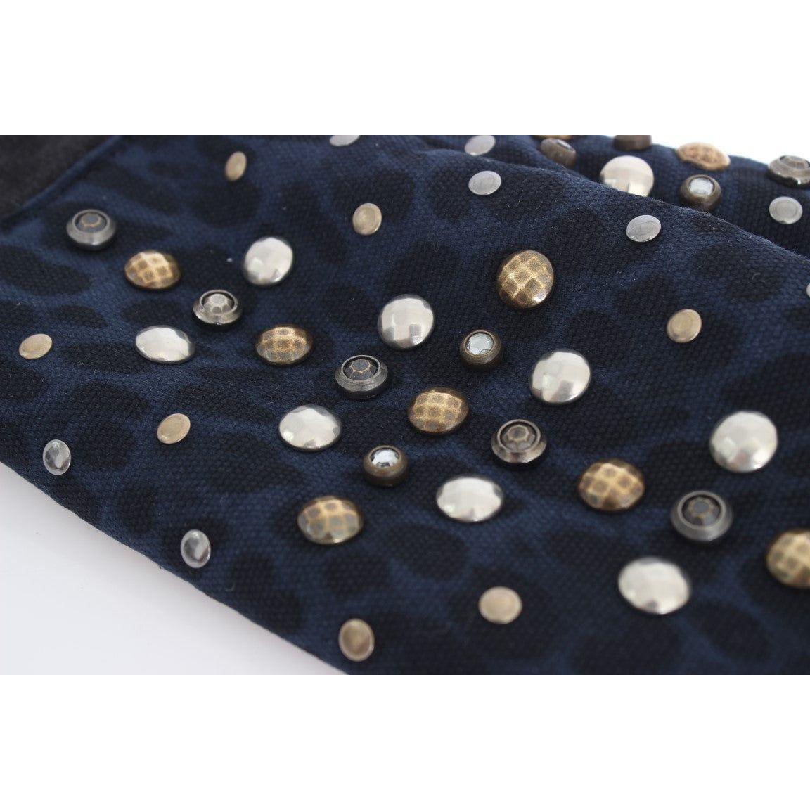 Dolce & Gabbana Gray Wool Shearling Studded Blue Leopard Gloves