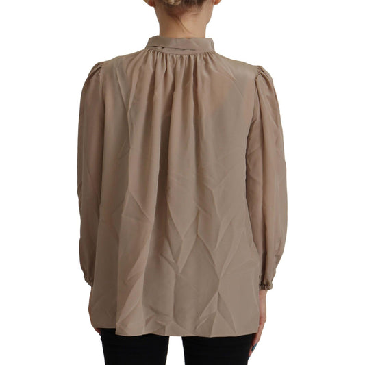 Dolce & Gabbana Brown Waistband Sleeves Ascot Collar Top Blouse