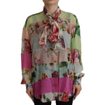 Dolce & Gabbana Multicolor Floral Patchwork Design Ascot Collar Top Blouse