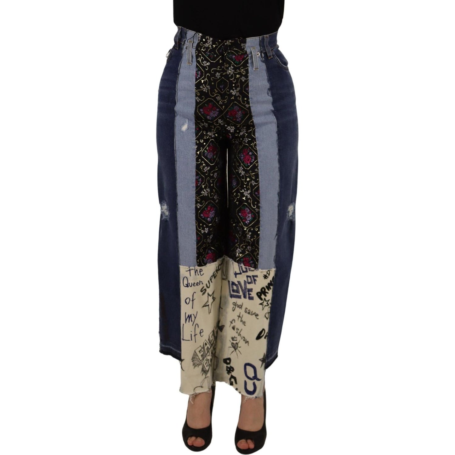 Dolce & Gabbana Multicolor Patchwork DG Fashion Wide Leg Denim Pant