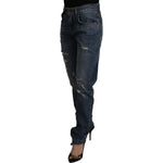 Dolce & Gabbana Blue Denim Baroque Heart Logo Patch Pants Jeans