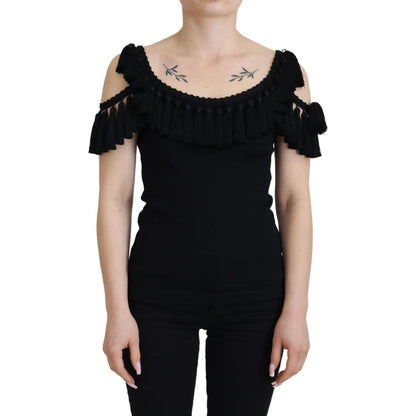 Dolce & Gabbana Black Tank Top Blouse Tassle Cotton Blouse