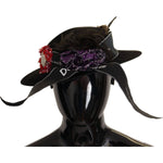 Dolce & Gabbana Black Lapil Crystal Heart Feather Brooch Fedora Hat
