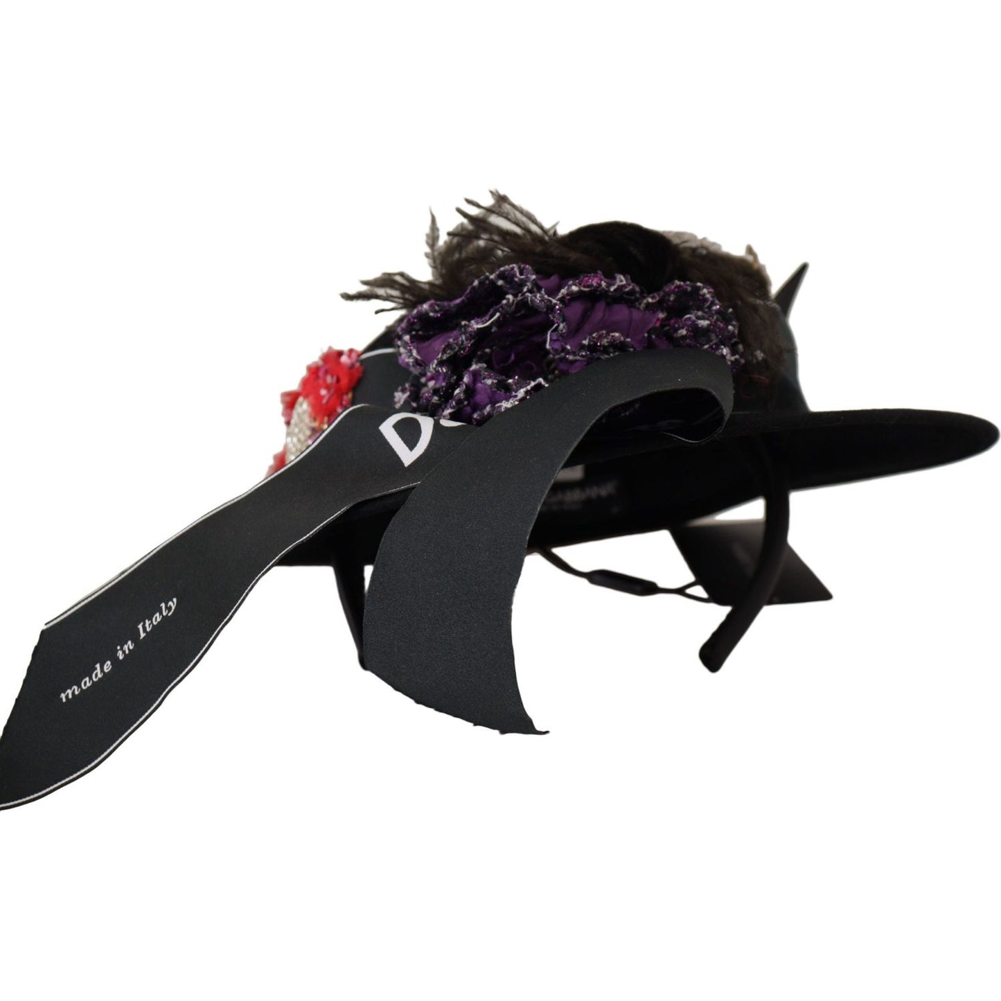 Dolce & Gabbana Black Lapil Crystal Heart Feather Brooch Fedora Hat
