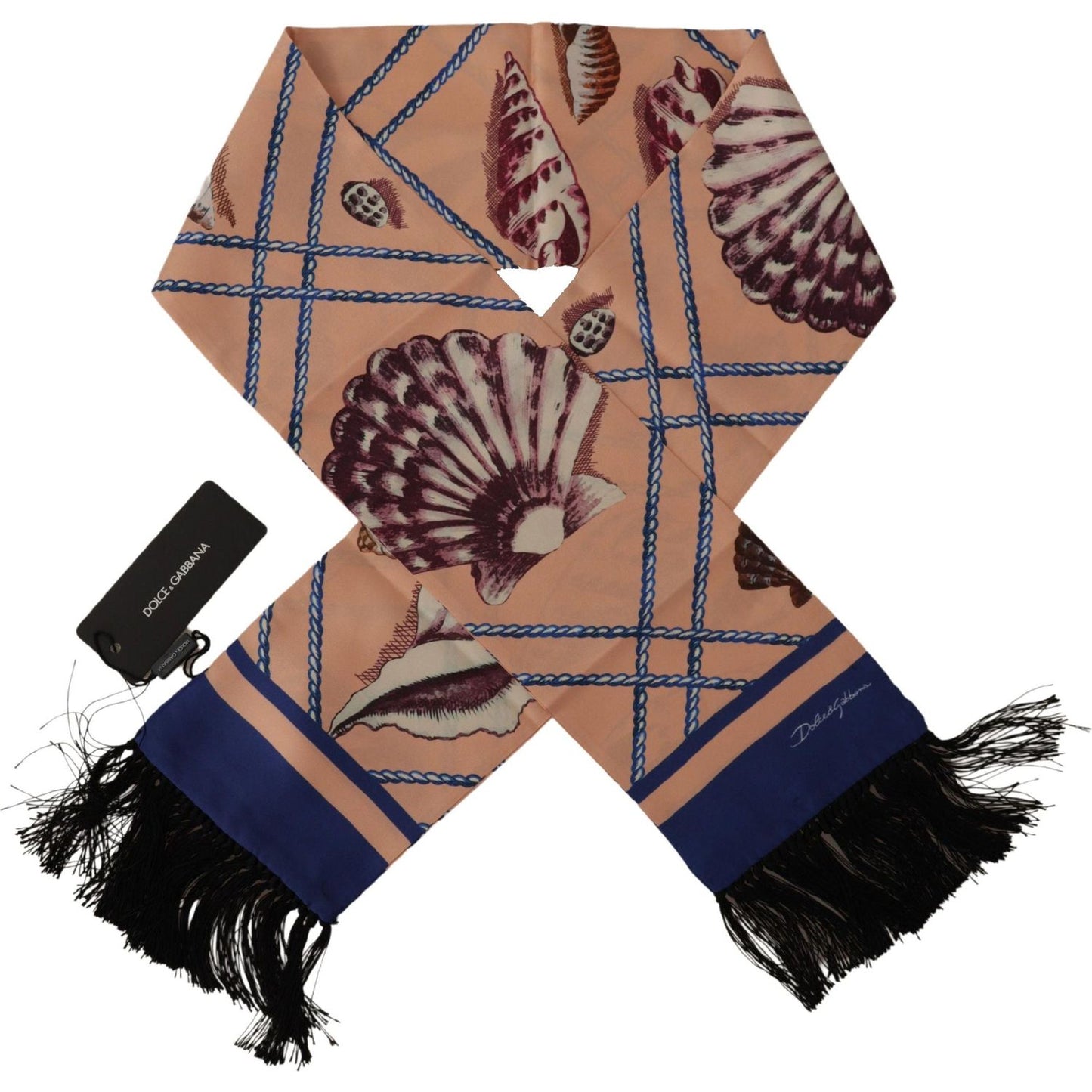 Dolce & Gabbana Multicolor Seashell Patterned DG Logo Shawl Fringe Silk Scarf