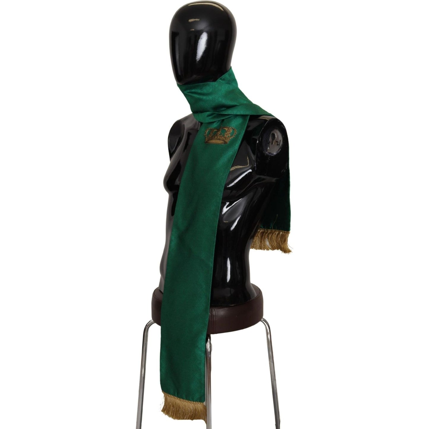 Dolce & Gabbana Green Crown Embroidered Shawl Fringe Blend Silk