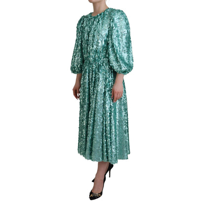 Dolce & Gabbana Blue Sequined Pleated Aline Midi Nylon Dress