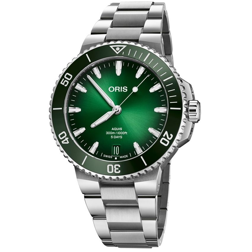ORIS MOD. AQUIS DATE CALIBRE 400 wristwatch, 43.5mm stainless steel case, SS bracelet, green dial, sapphire crystal, Swiss-made, 30 ATM water resistant.