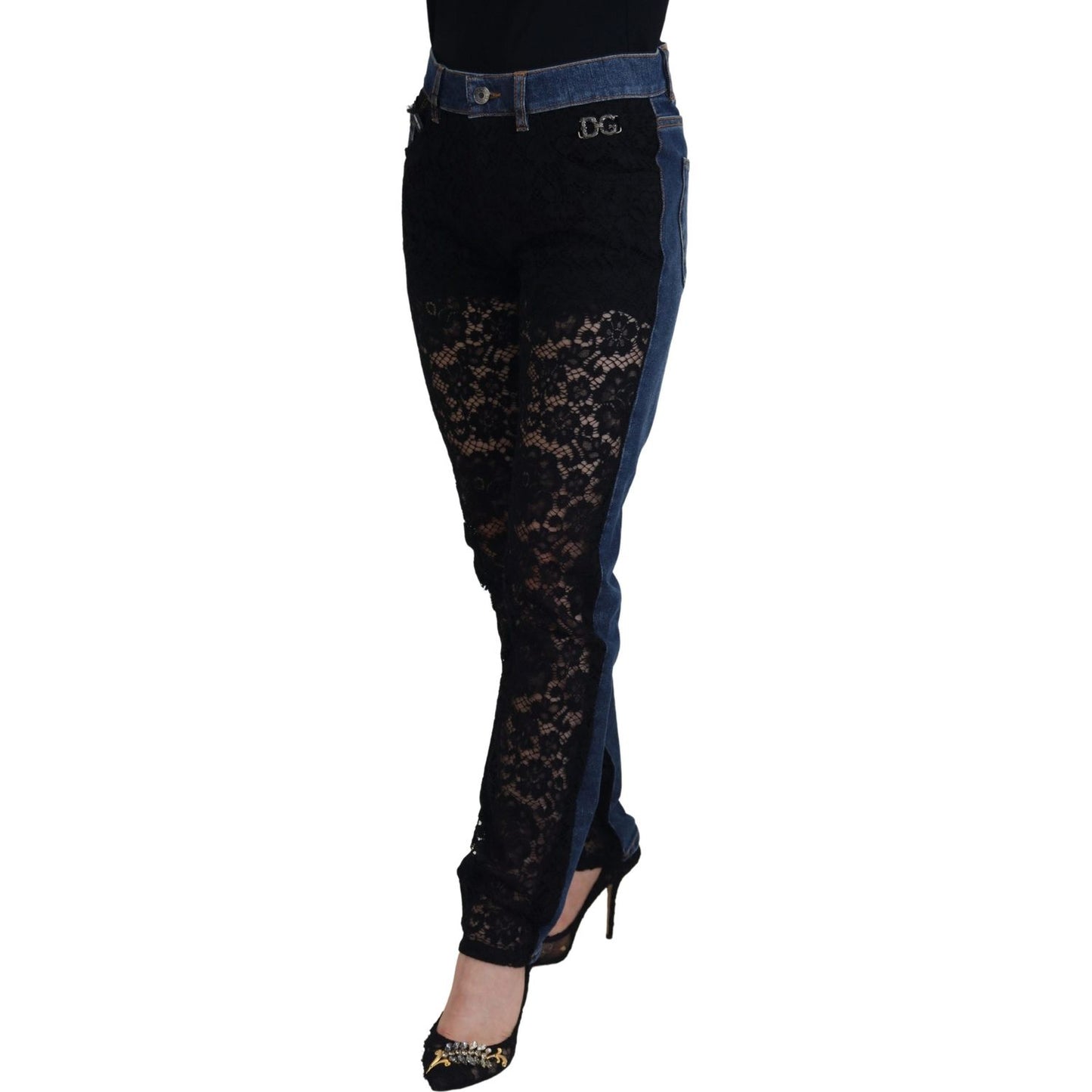 Dolce & Gabbana Black Floral Lace Front Skinny Denim Jeans Jeans & Pants