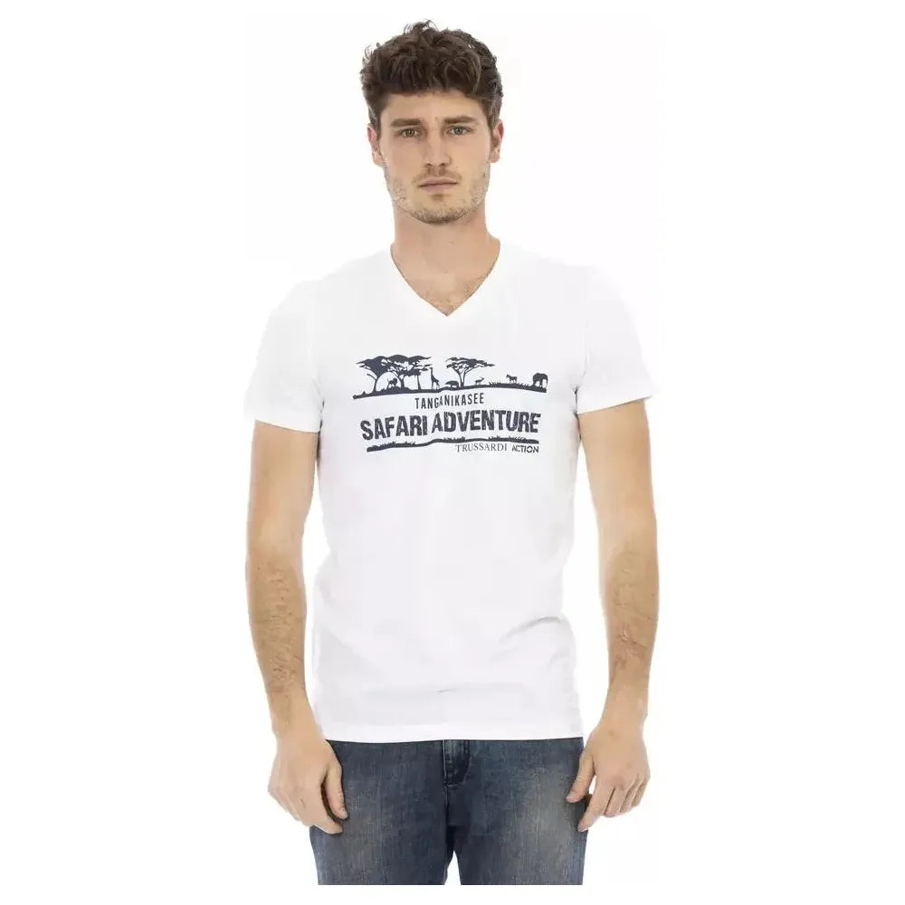 تي شيرت Trussardi Action للرجال من القطن الأبيض بفتحة رقبة على شكل حرف V