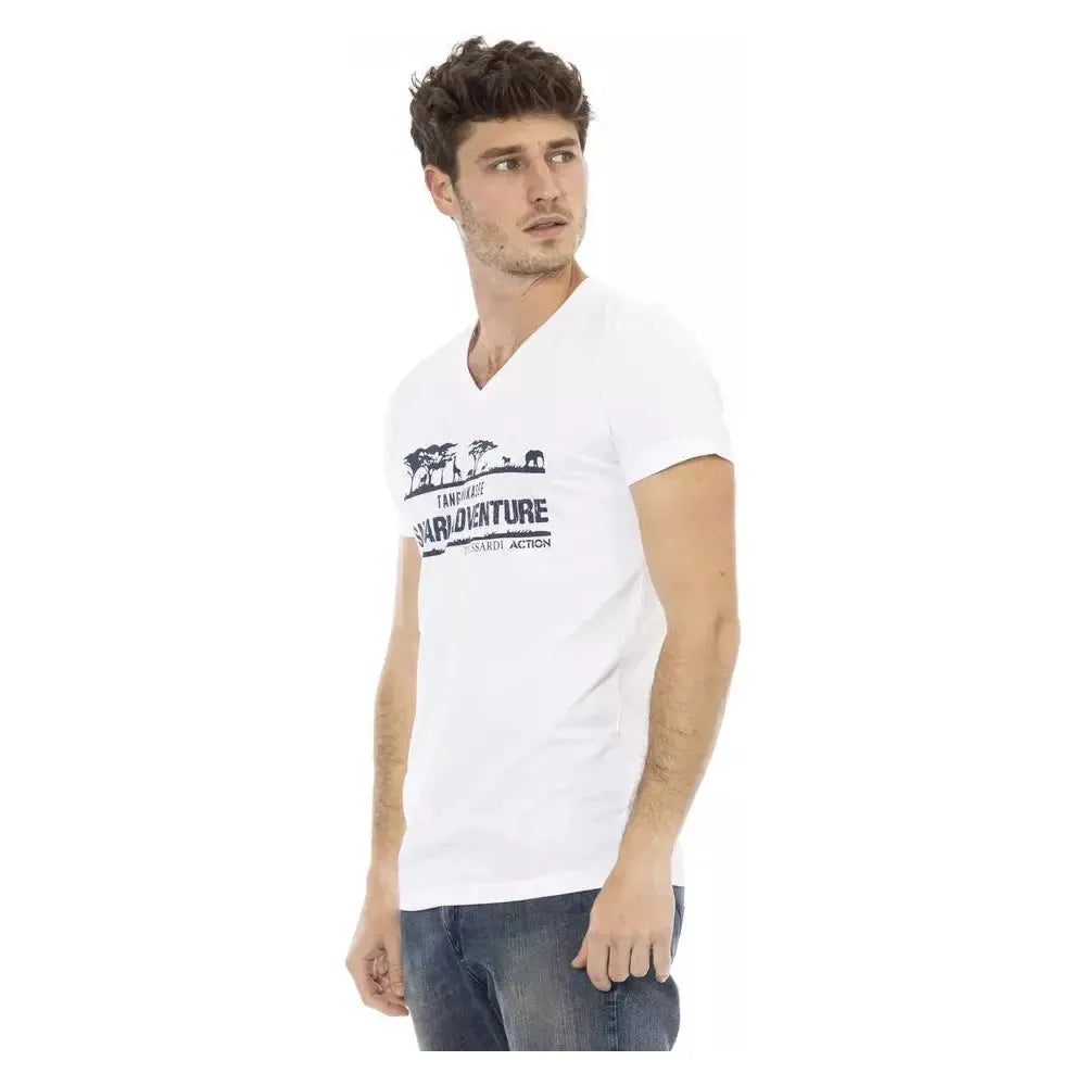 تي شيرت Trussardi Action للرجال من القطن الأبيض بفتحة رقبة على شكل حرف V