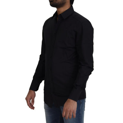 Dolce & Gabbana Black Cotton Slim Fit Formal Dress GOLD Shirt