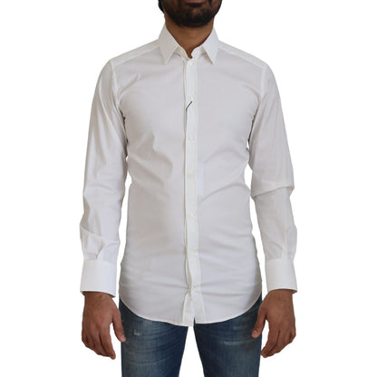 Dolce & Gabbana White Cotton Slim Fit Formal Dress GOLD Shirt
