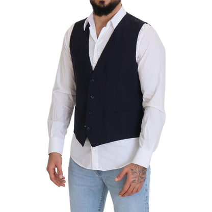 Dolce & Gabbana Dark Blue Wool Stretch Waistcoat Formal Vest