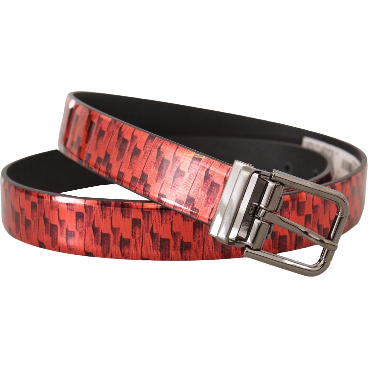 Dolce & Gabbana Red Herringbone Leather Gray Tone Buckle Belt