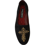 Dolce & Gabbana Black Suede Gold Cross Slip On Loafers Shoes