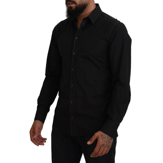 Dolce & Gabbana Black Cotton Collared Long Sleeve GOLD Shirt TSH83816-41