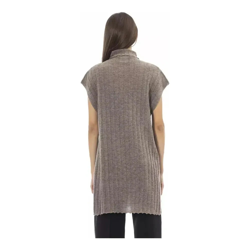 Alpha Studio Brown Wool Women Sweater with Side Slits